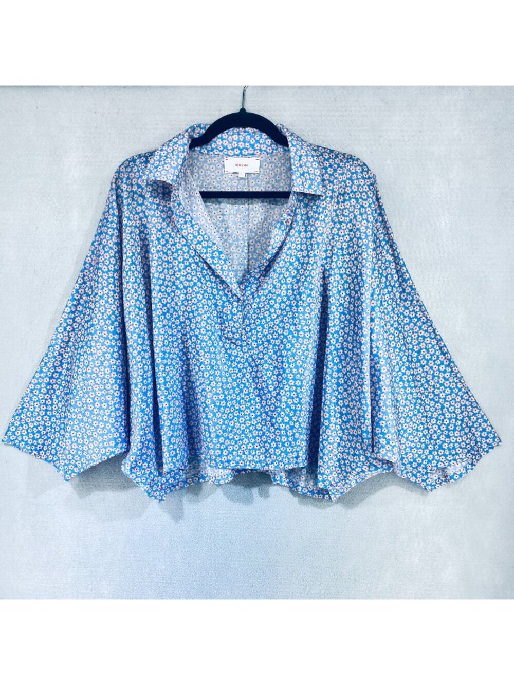 Xirena Top Womens S Blue Cotton Silk Micro Floral Blouse Slouchy Quiet Luxury